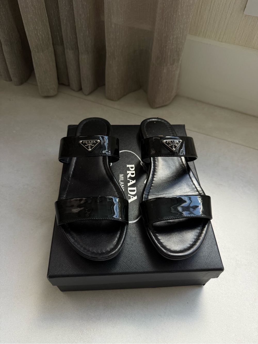 Prada Black Patent Leather Double-Strap Slide Sandals - Picture 8 of 8